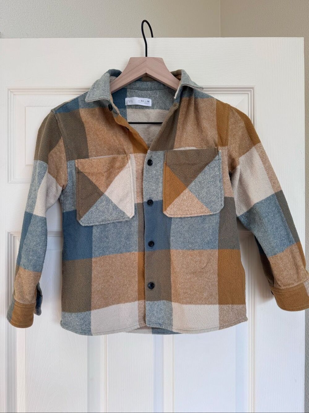 Zara boys size 8-9 year tan earth buffalo plaid button up shirt